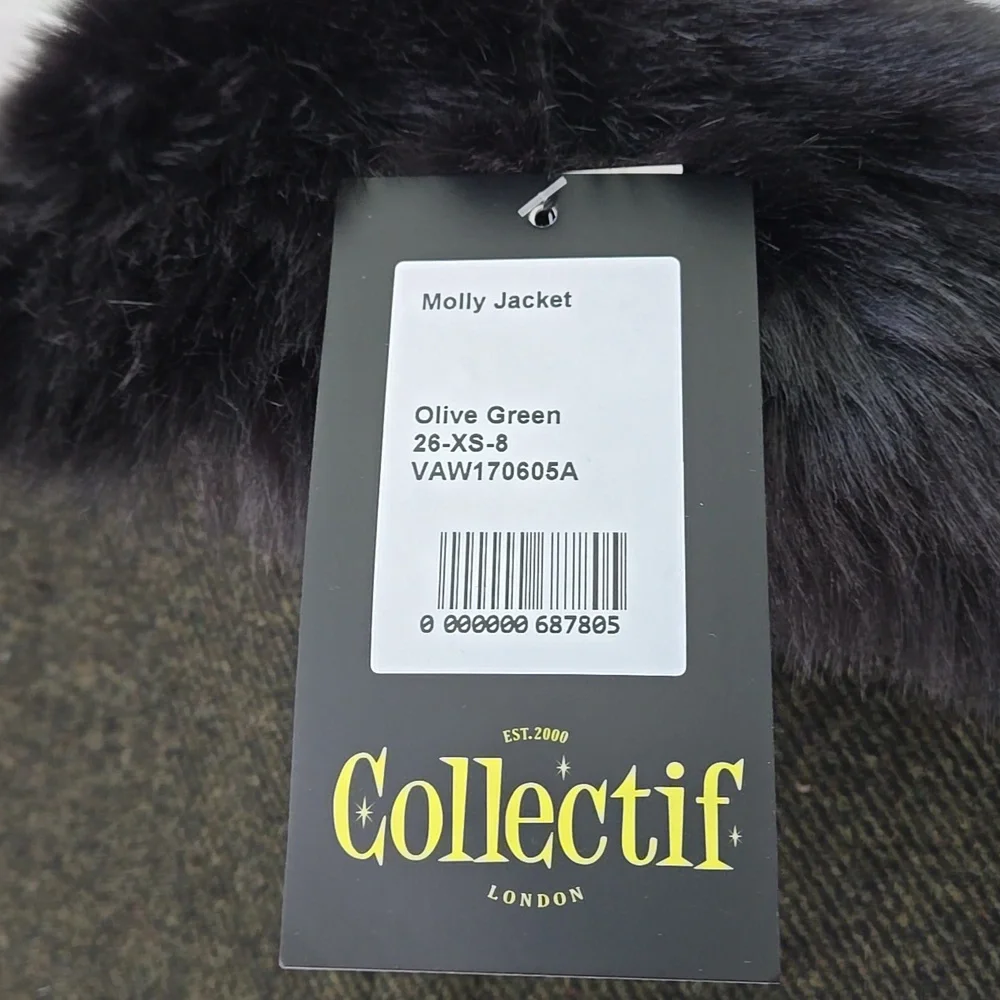 Collectif Molly Vintage Jacket W/ Fur Collar, In Olive Green, NWT - Picture 13 of 16